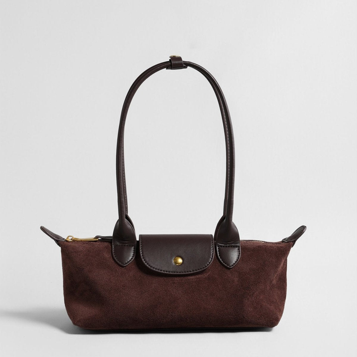 Suede Baguette Bag – Contrast Leather Shoulder Bag with Brass-Tone Snap