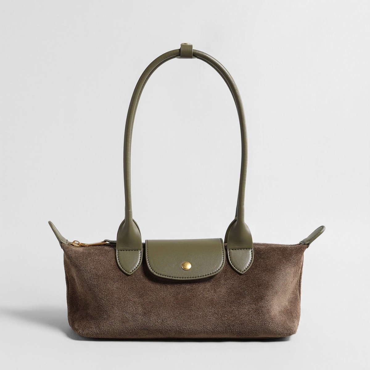 Suede Baguette Bag – Contrast Leather Shoulder Bag with Brass-Tone Snap