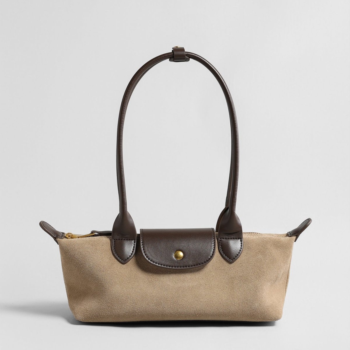 Suede Baguette Bag – Contrast Leather Shoulder Bag with Brass-Tone Snap