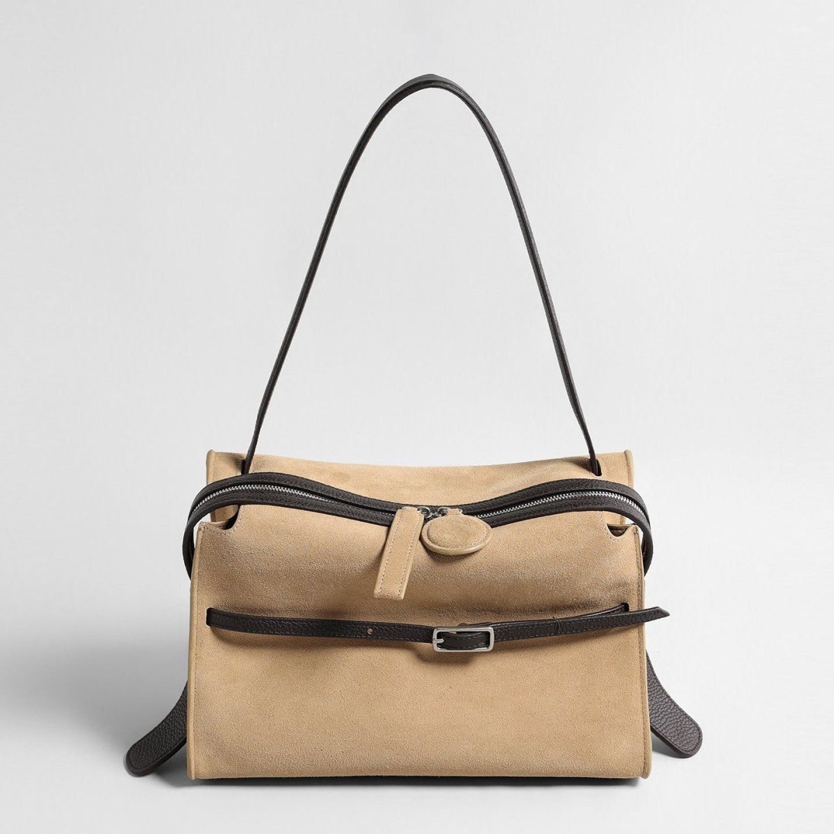 Suede Belted Shoulder Bag – Wave-Zip Leather Trim Bag