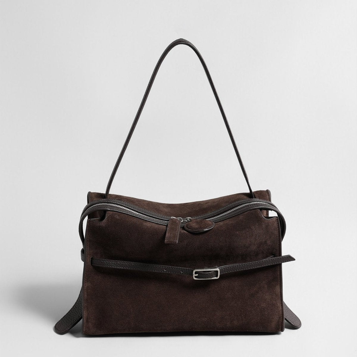 Suede Belted Shoulder Bag – Wave-Zip Leather Trim Bag