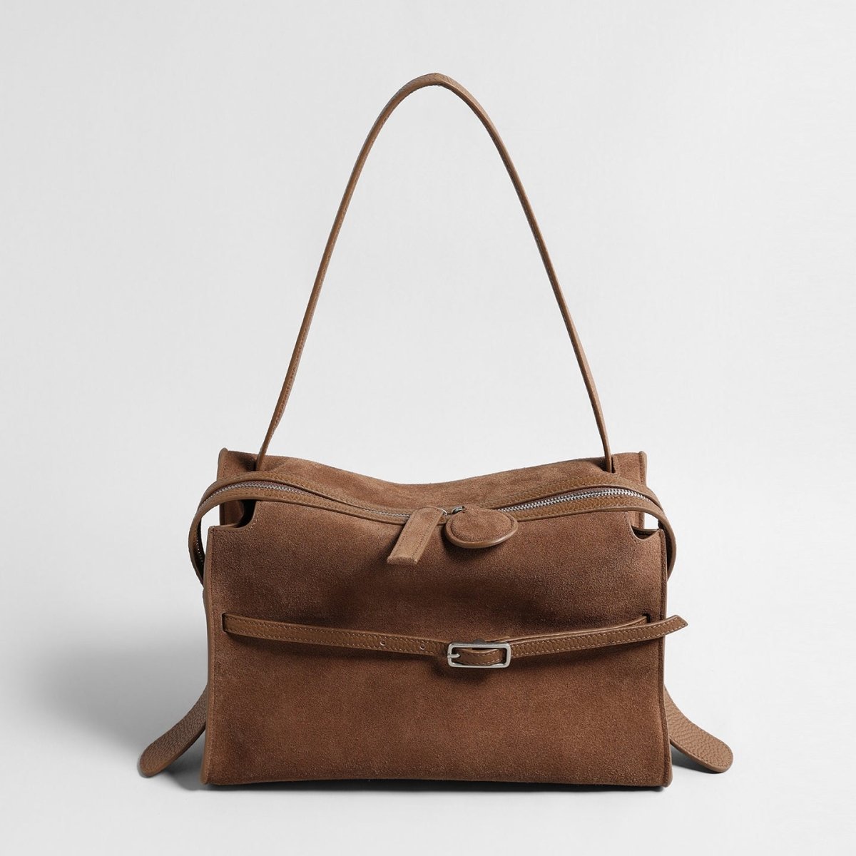 Suede Belted Shoulder Bag – Wave-Zip Leather Trim Bag