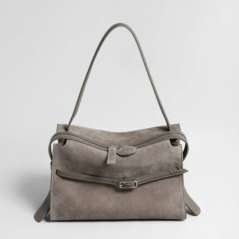 Suede Belted Shoulder Bag – Wave-Zip Leather Trim Bag