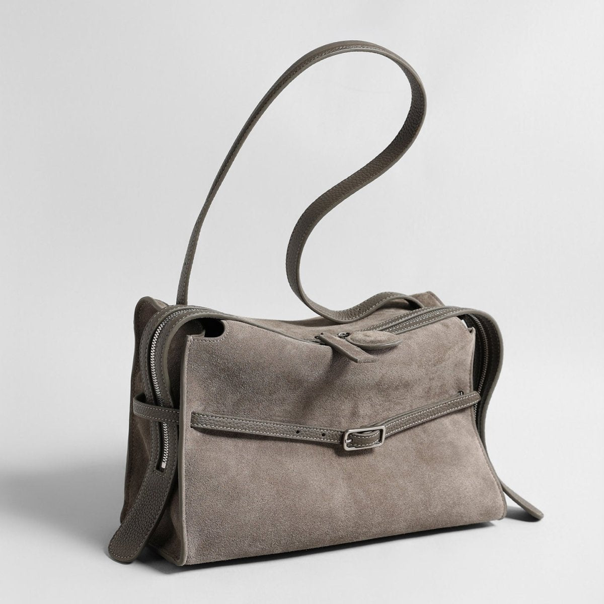 Suede Belted Shoulder Bag – Wave-Zip Leather Trim Bag