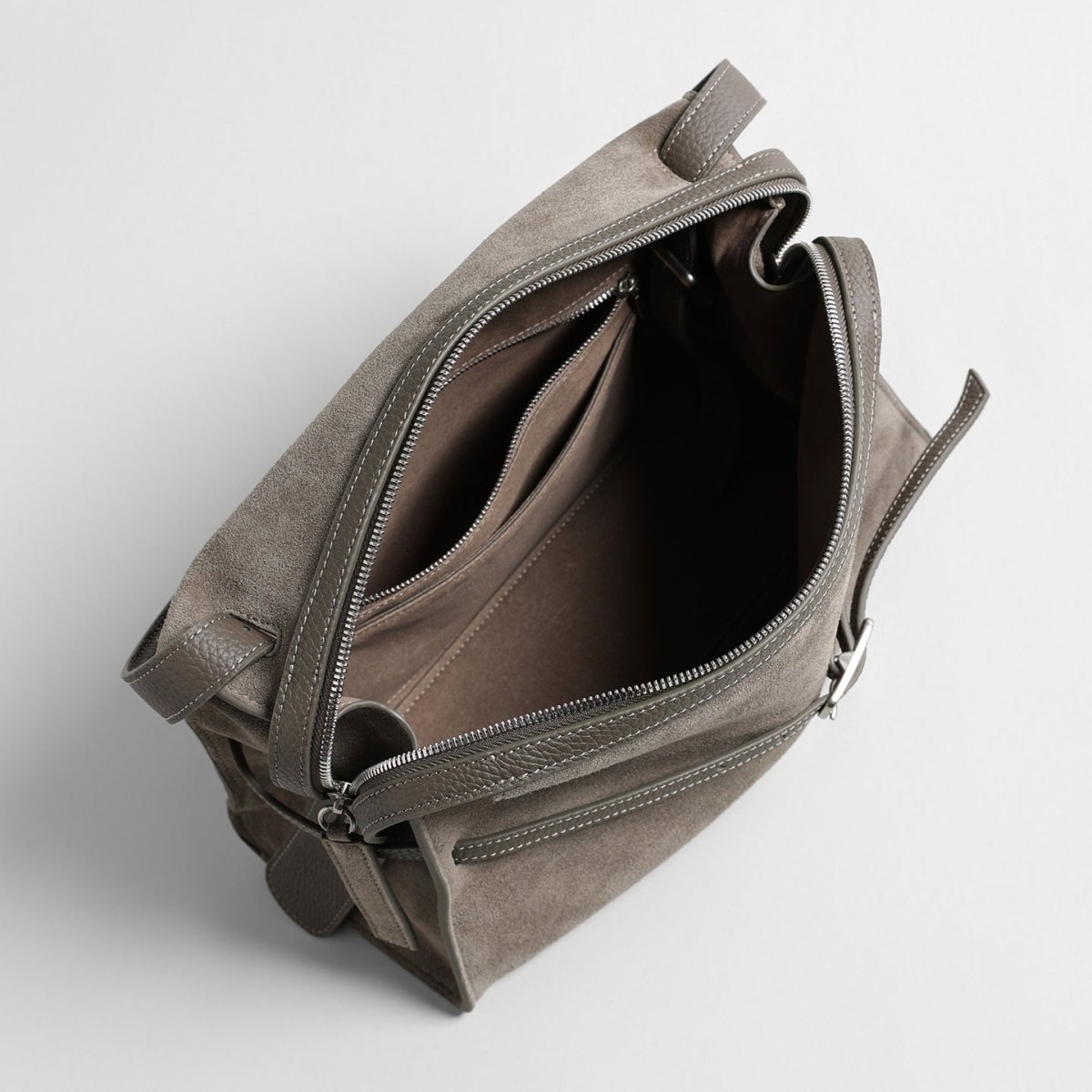 Suede Belted Shoulder Bag – Wave-Zip Leather Trim Bag