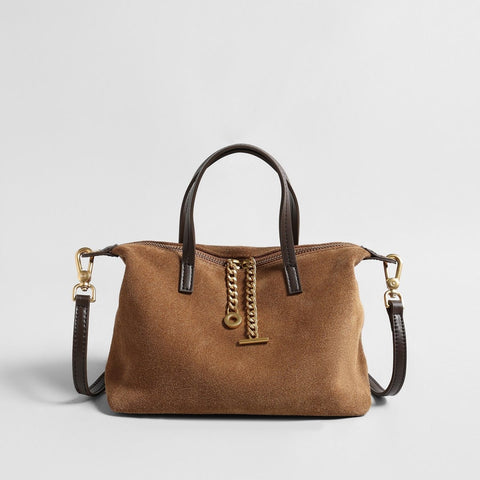 Suede Chain Charm Satchel Bag – Contrast Leather Handle Crossbody Bag