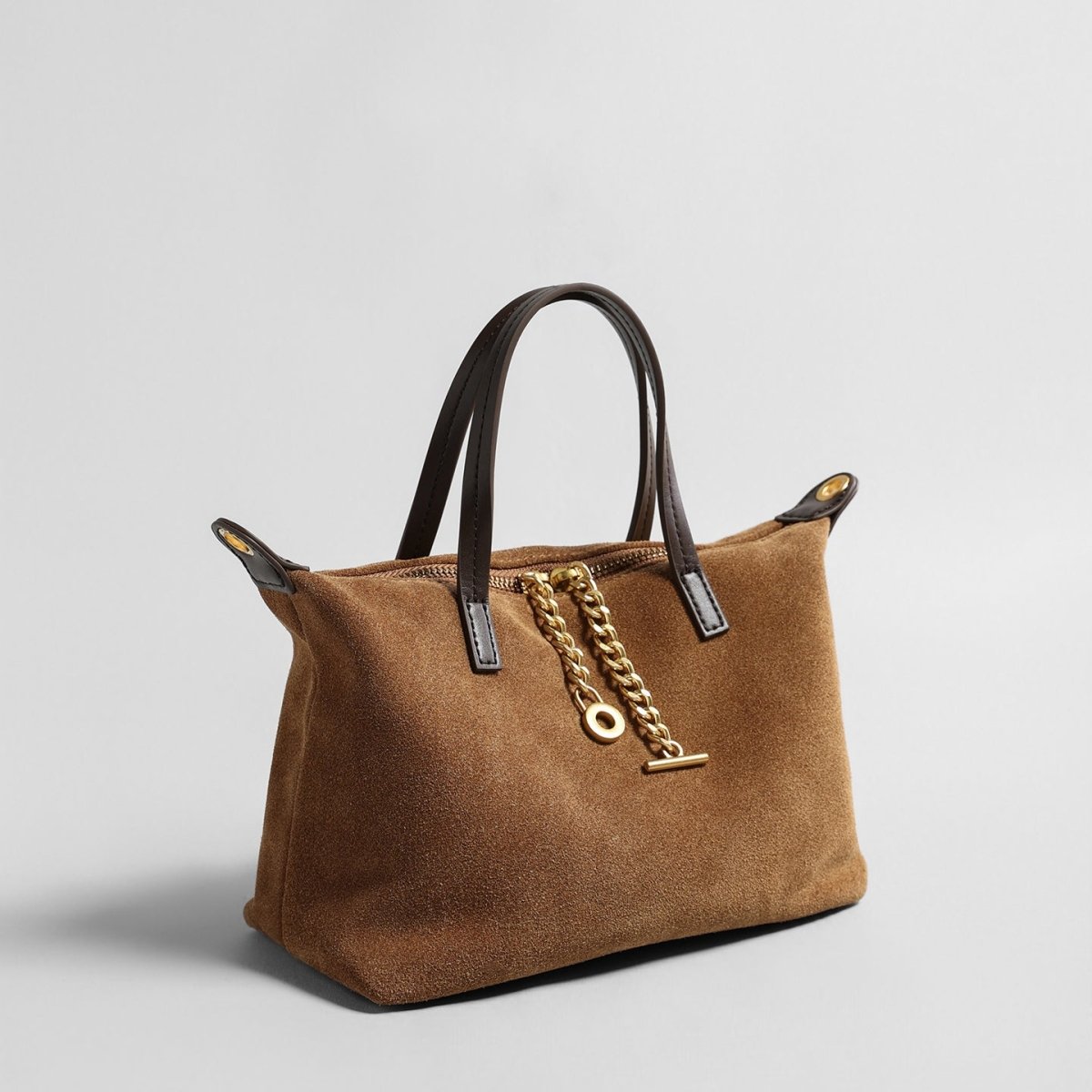 Suede Chain Charm Satchel Bag – Contrast Leather Handle Crossbody Bag