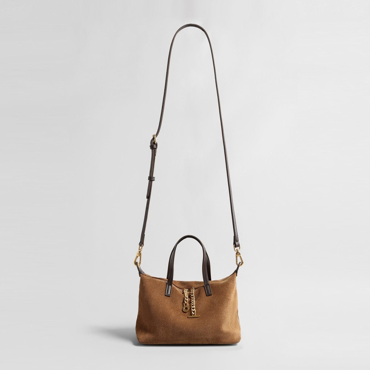 Suede Chain Charm Satchel Bag – Contrast Leather Handle Crossbody Bag