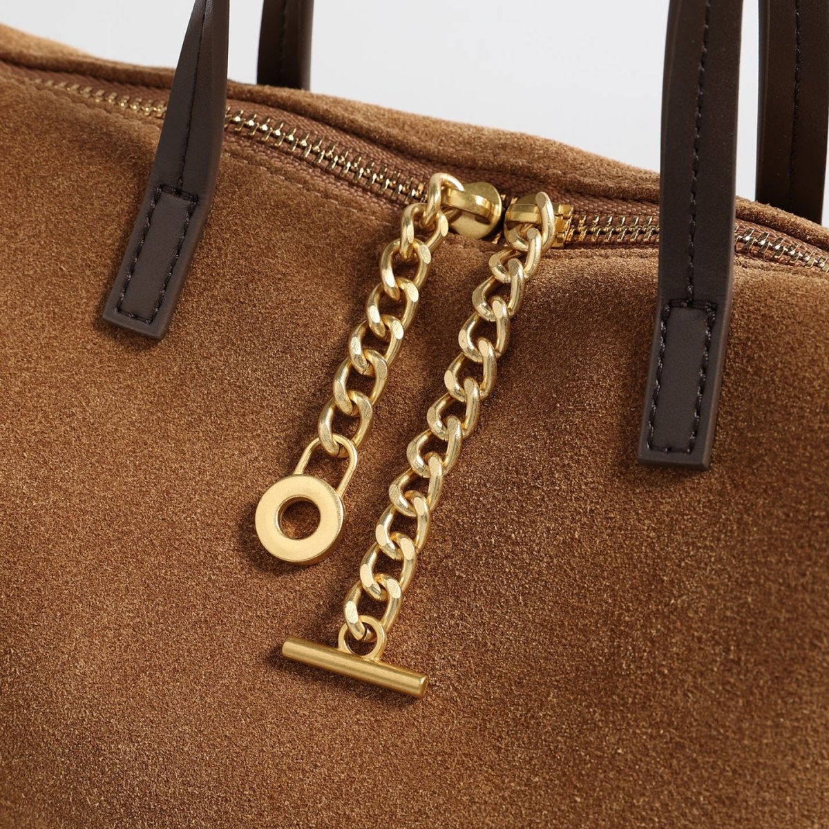 Suede Chain Charm Satchel Bag – Contrast Leather Handle Crossbody Bag