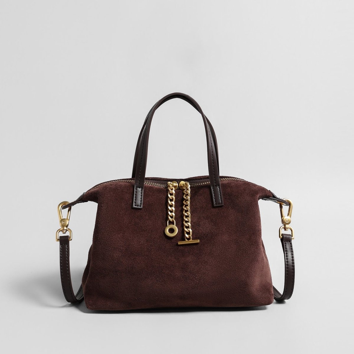 Suede Chain Charm Satchel Bag – Contrast Leather Handle Crossbody Bag