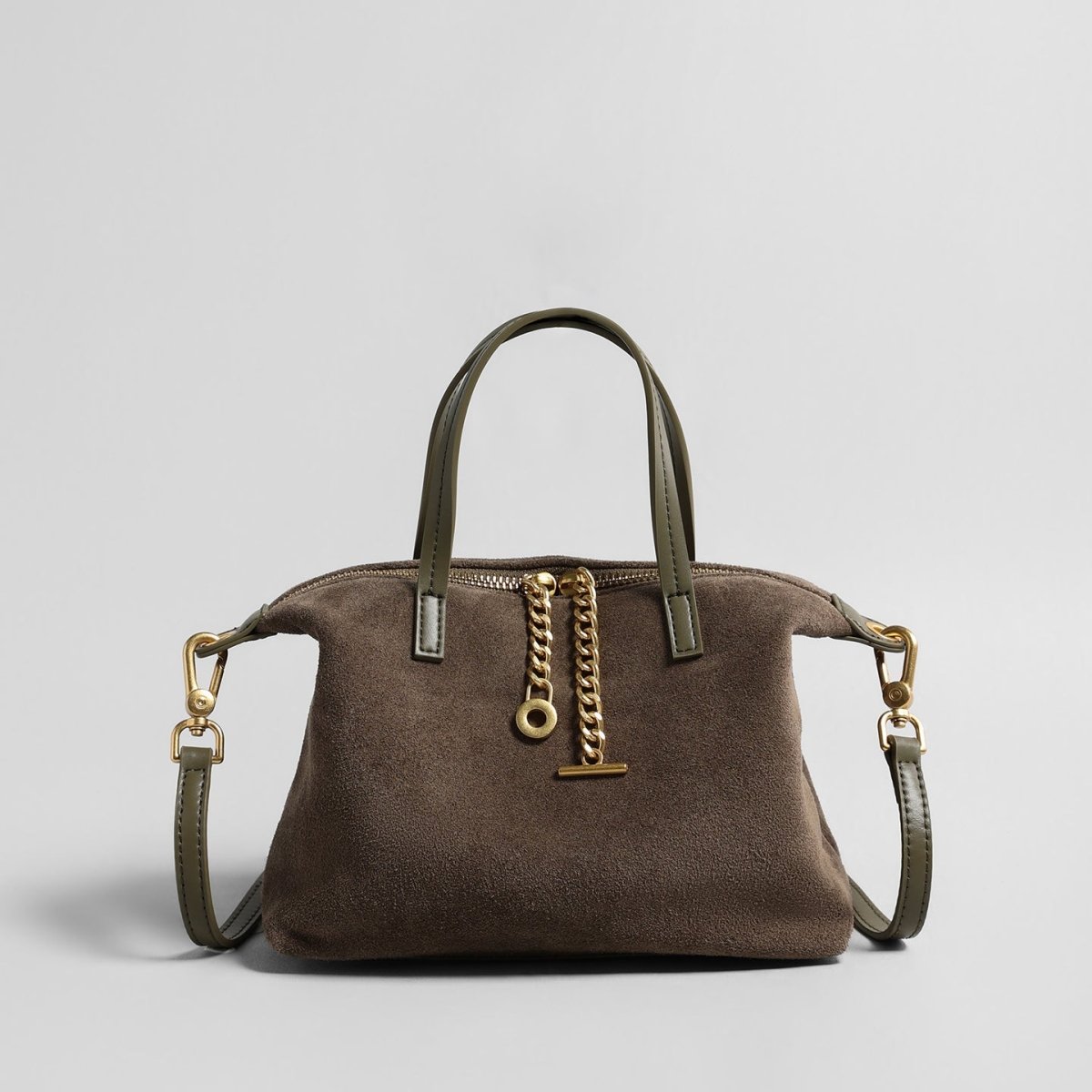 Suede Chain Charm Satchel Bag – Contrast Leather Handle Crossbody Bag