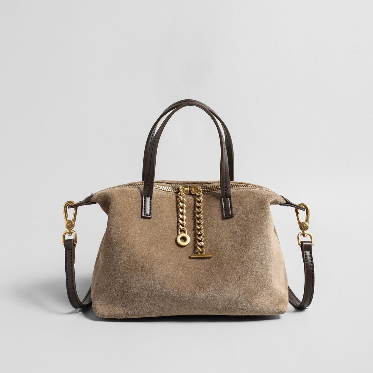 Suede Chain Charm Satchel Bag – Contrast Leather Handle Crossbody Bag