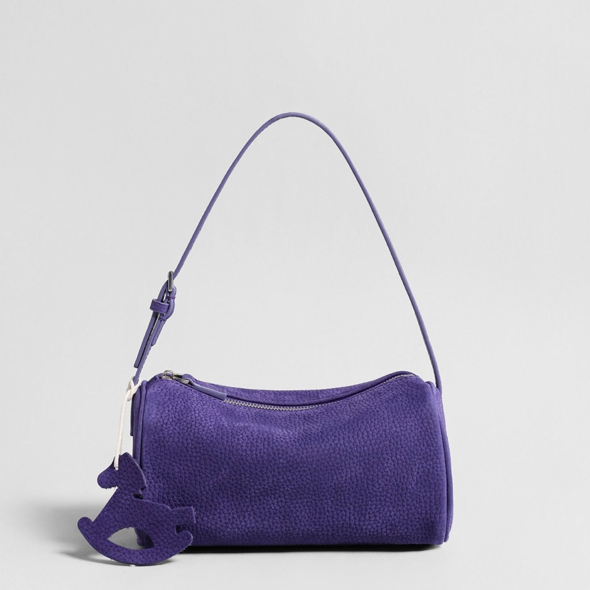Suede Cylinder Shoulder Bag – Adjustable Crossbody Bag with Pony Charm