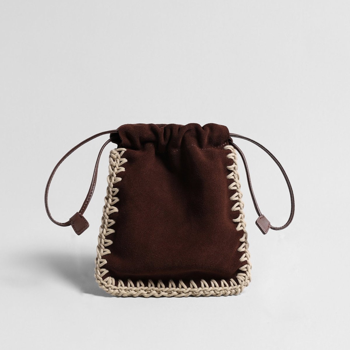 Vintage Suede Drawstring Pouch Bag – Woven Trim Crossbody Bag