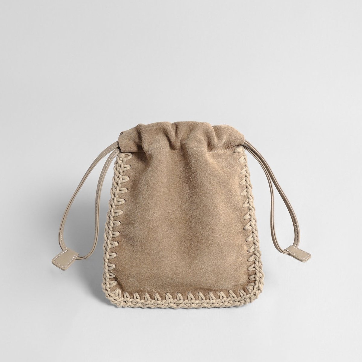 Vintage Suede Drawstring Pouch Bag – Woven Trim Crossbody Bag
