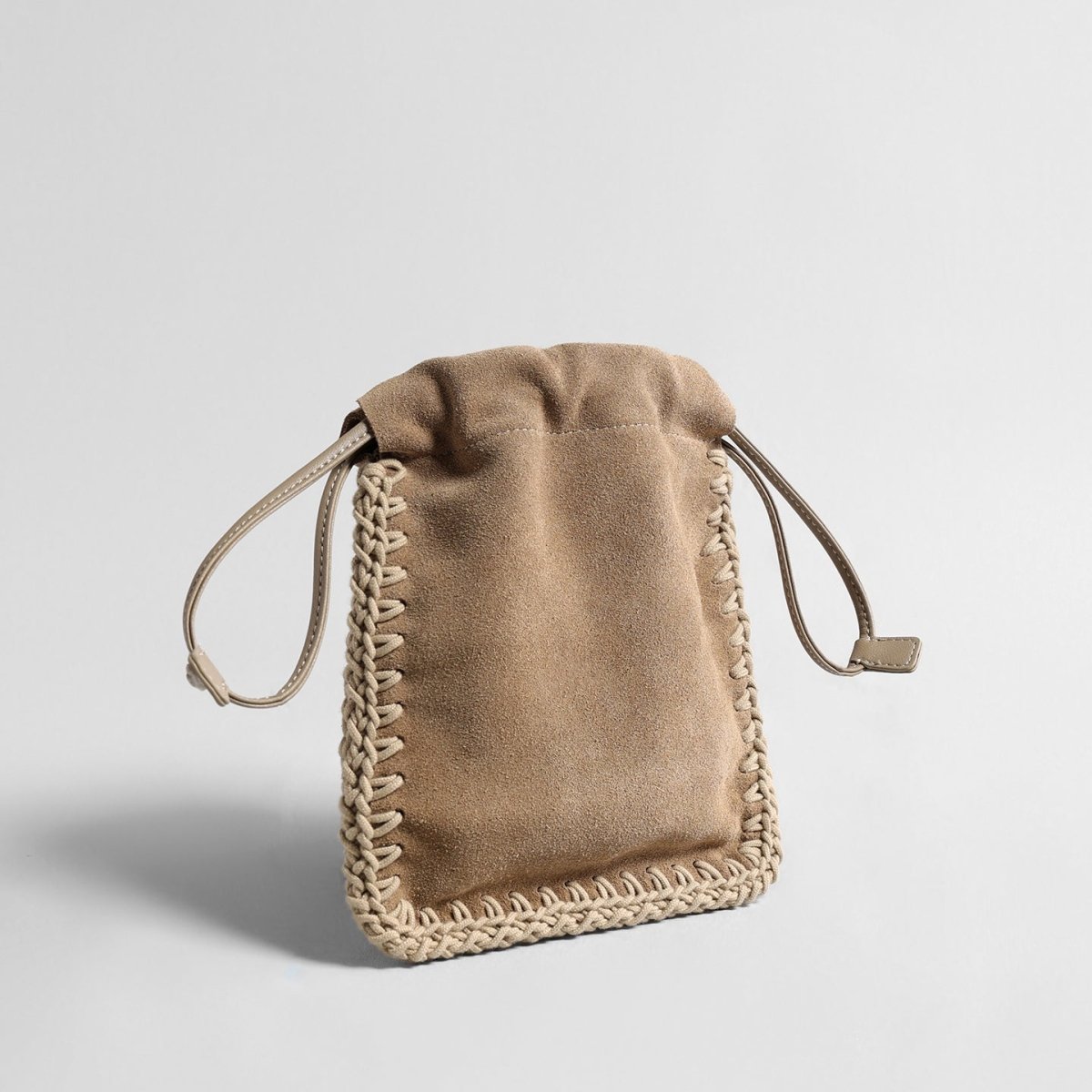 Vintage Suede Drawstring Pouch Bag – Woven Trim Crossbody Bag