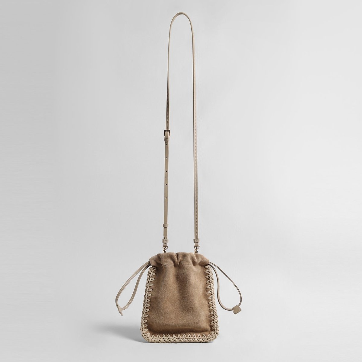 Vintage Suede Drawstring Pouch Bag – Woven Trim Crossbody Bag