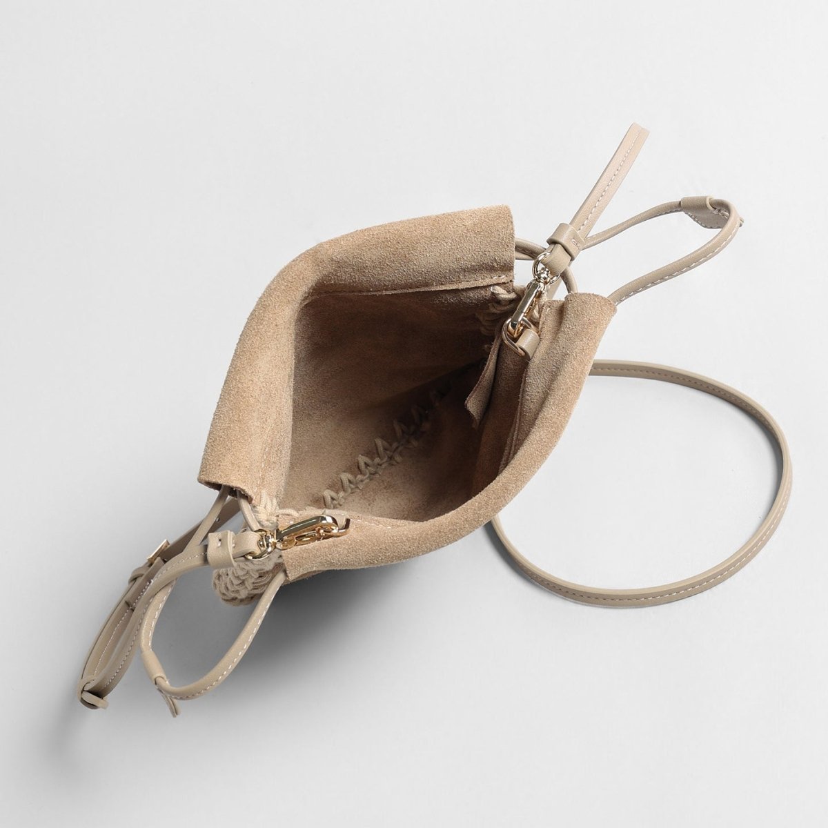 Vintage Suede Drawstring Pouch Bag – Woven Trim Crossbody Bag