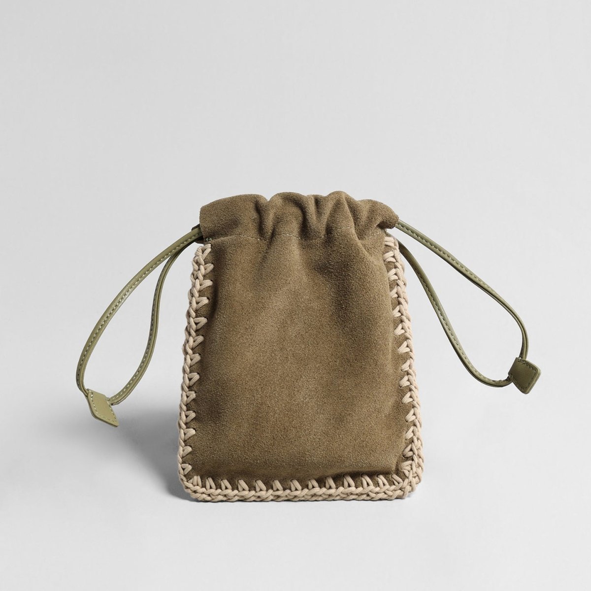 Vintage Suede Drawstring Pouch Bag – Woven Trim Crossbody Bag