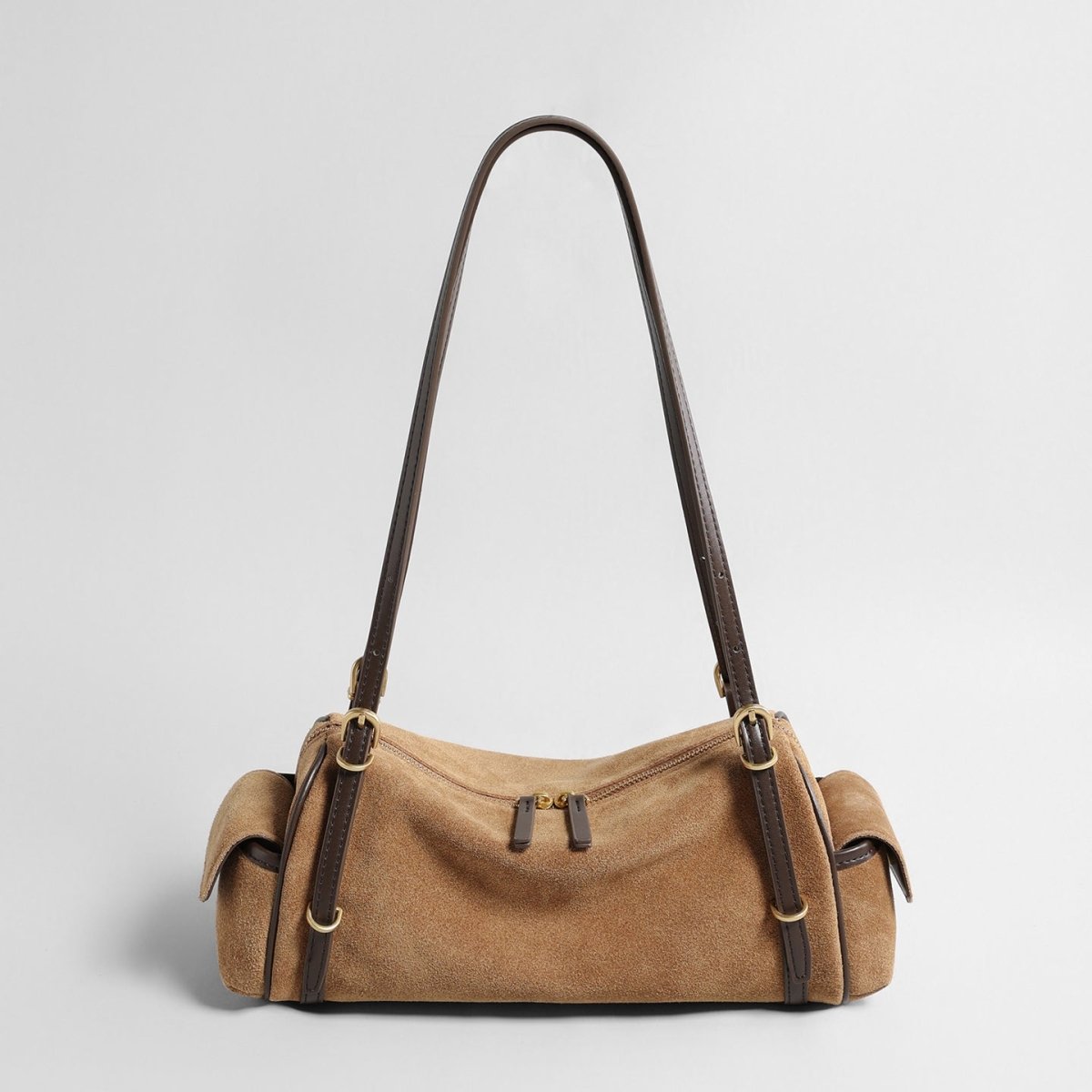 Suede East-West Shoulder Bag – Leather Trim Bag with Side Pocket