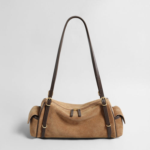 Suede East-West Shoulder Bag – Leather Trim Bag with Side Pocket