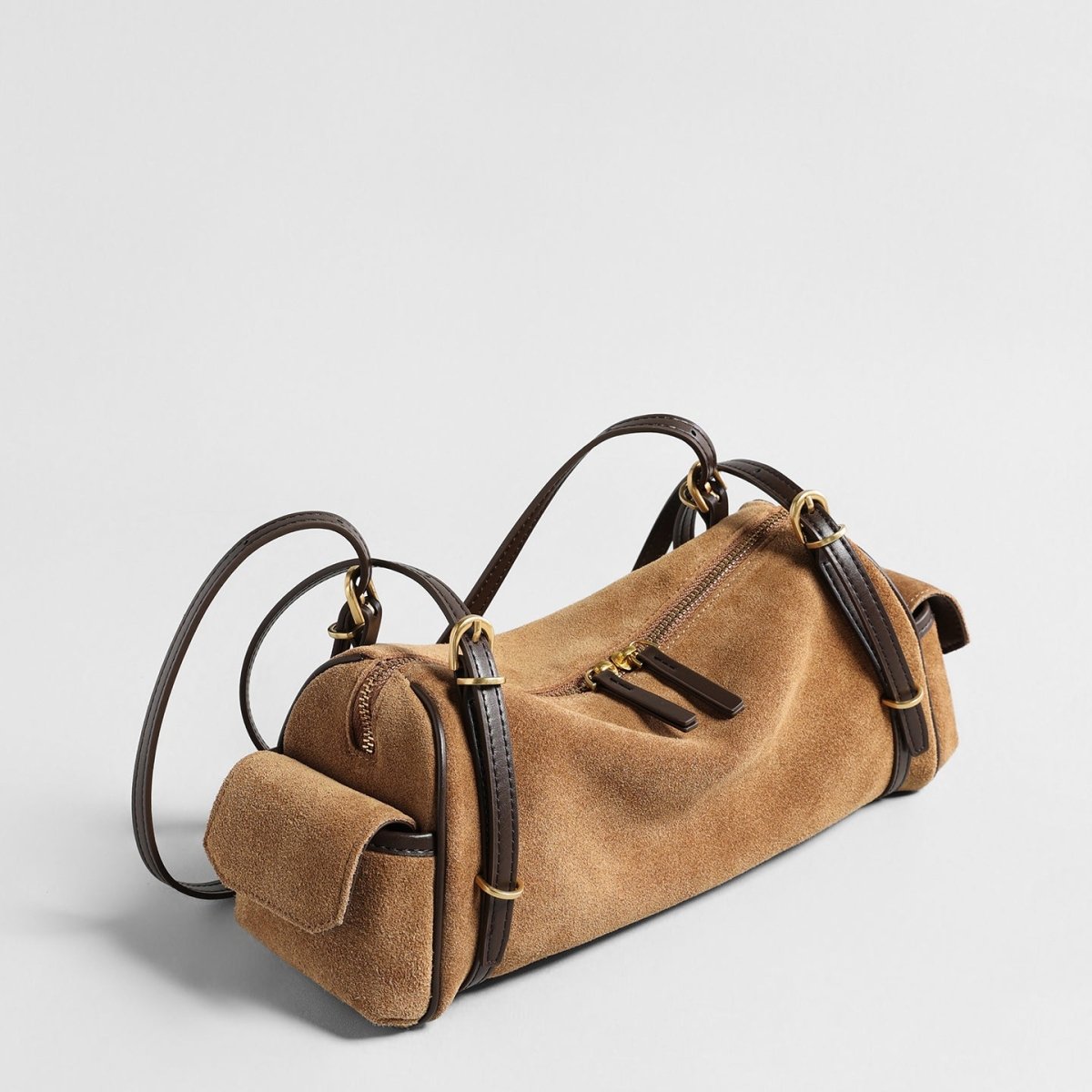 Suede East-West Shoulder Bag – Leather Trim Bag with Side Pocket