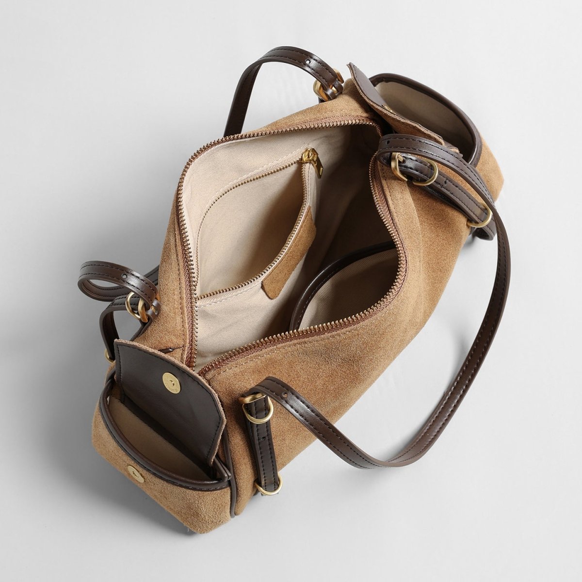 Suede East-West Shoulder Bag – Leather Trim Bag with Side Pocket