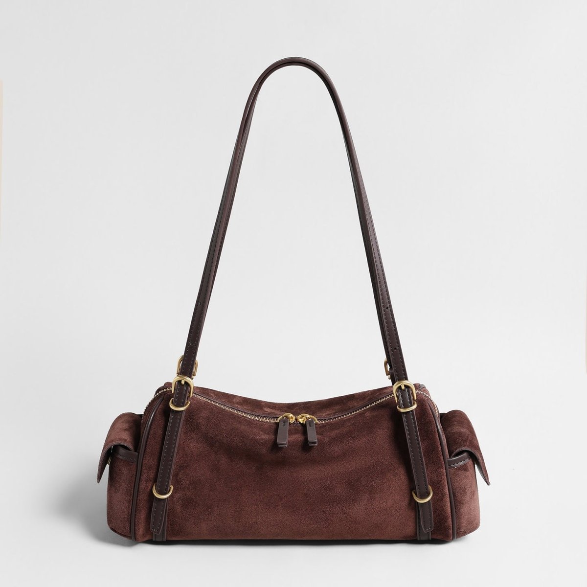 Suede East-West Shoulder Bag – Leather Trim Bag with Side Pocket