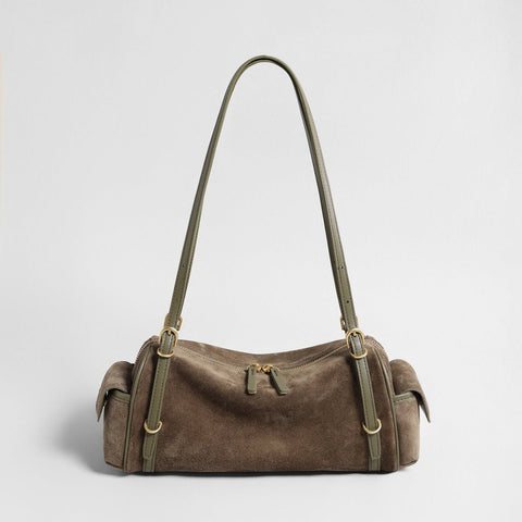 Suede East-West Shoulder Bag – Leather Trim Bag with Side Pocket