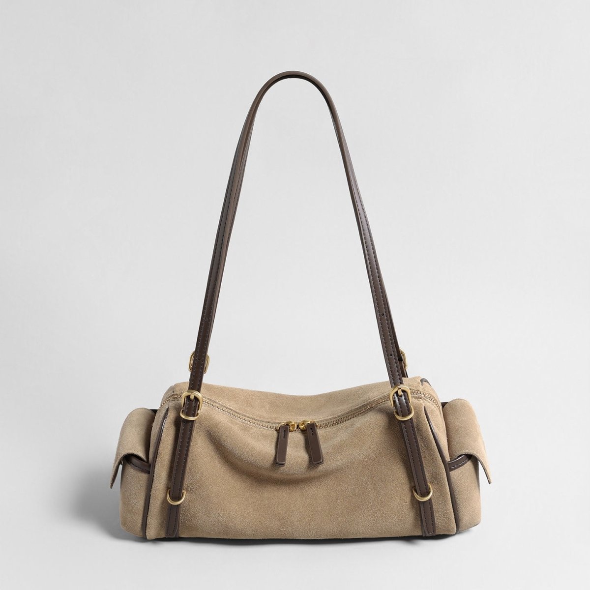 Suede East-West Shoulder Bag – Leather Trim Bag with Side Pocket
