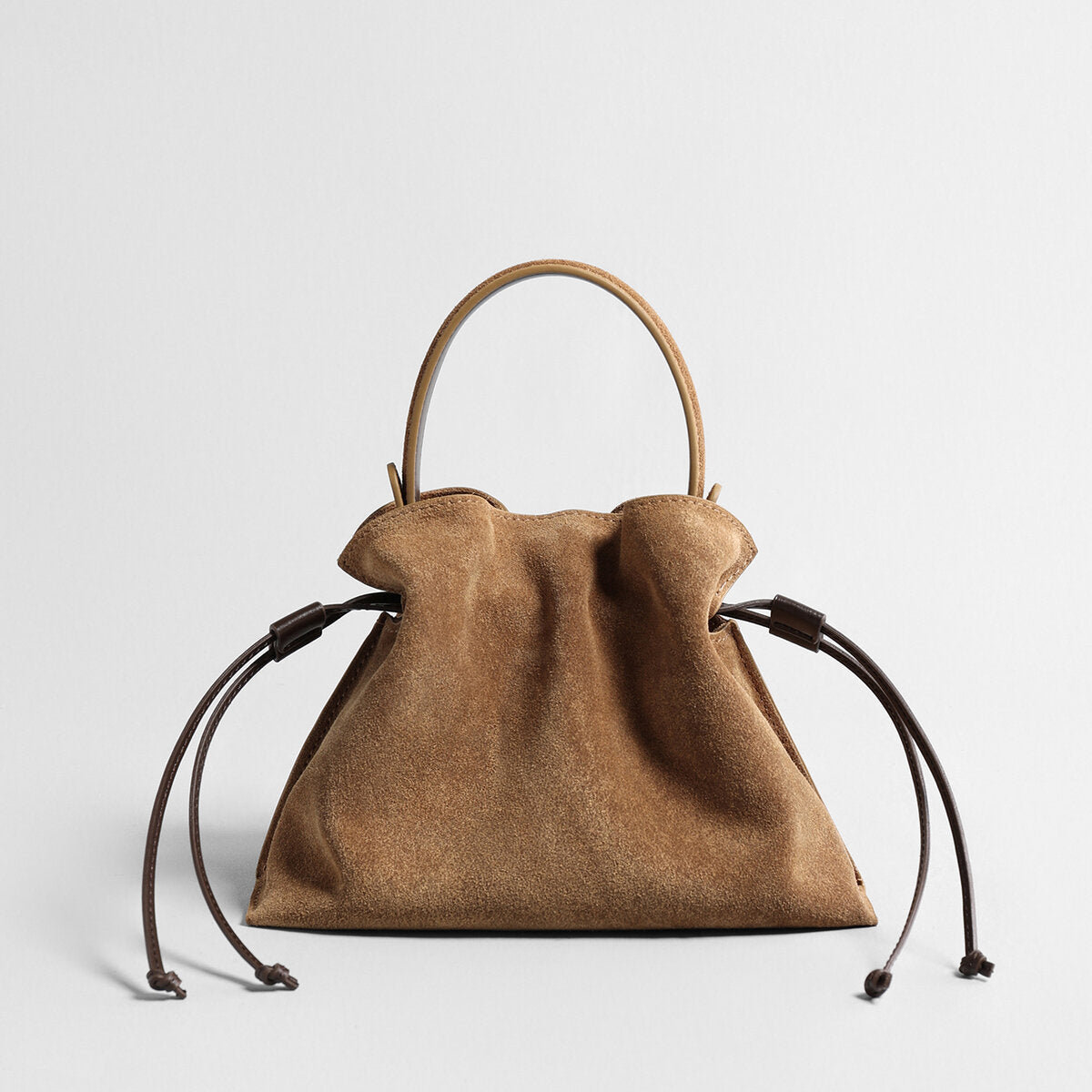 Suede Leather Fortune Pouch Bag – Ruched Drawstring with Top Handle & Crossbody Strap