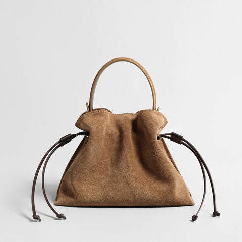 Suede Leather Fortune Pouch Bag – Ruched Drawstring with Top Handle & Crossbody Strap