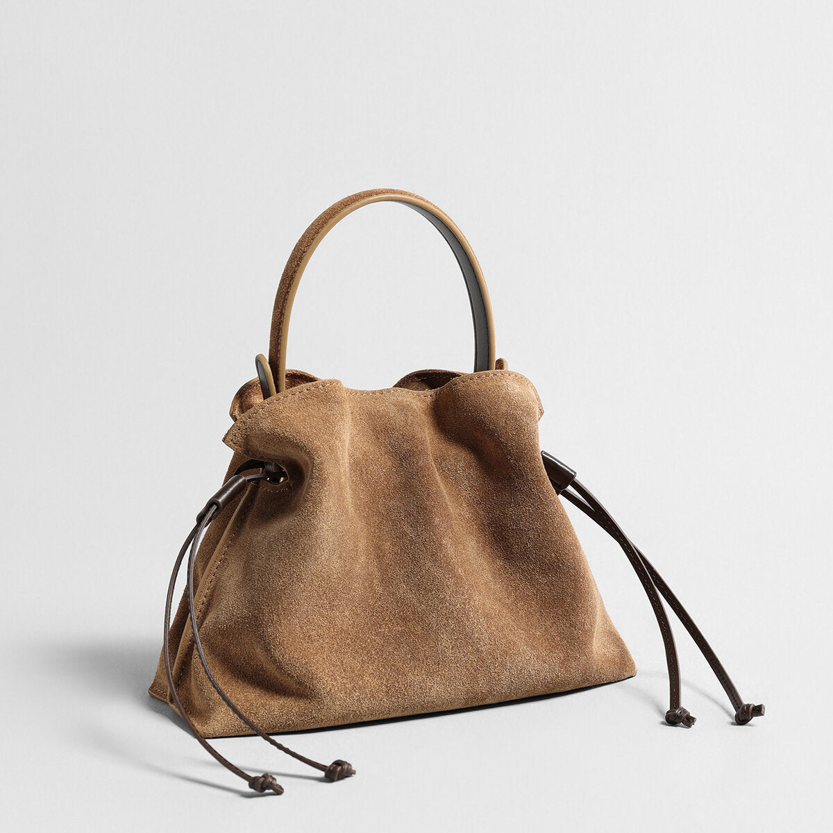 Suede Leather Fortune Pouch Bag – Ruched Drawstring with Top Handle & Crossbody Strap
