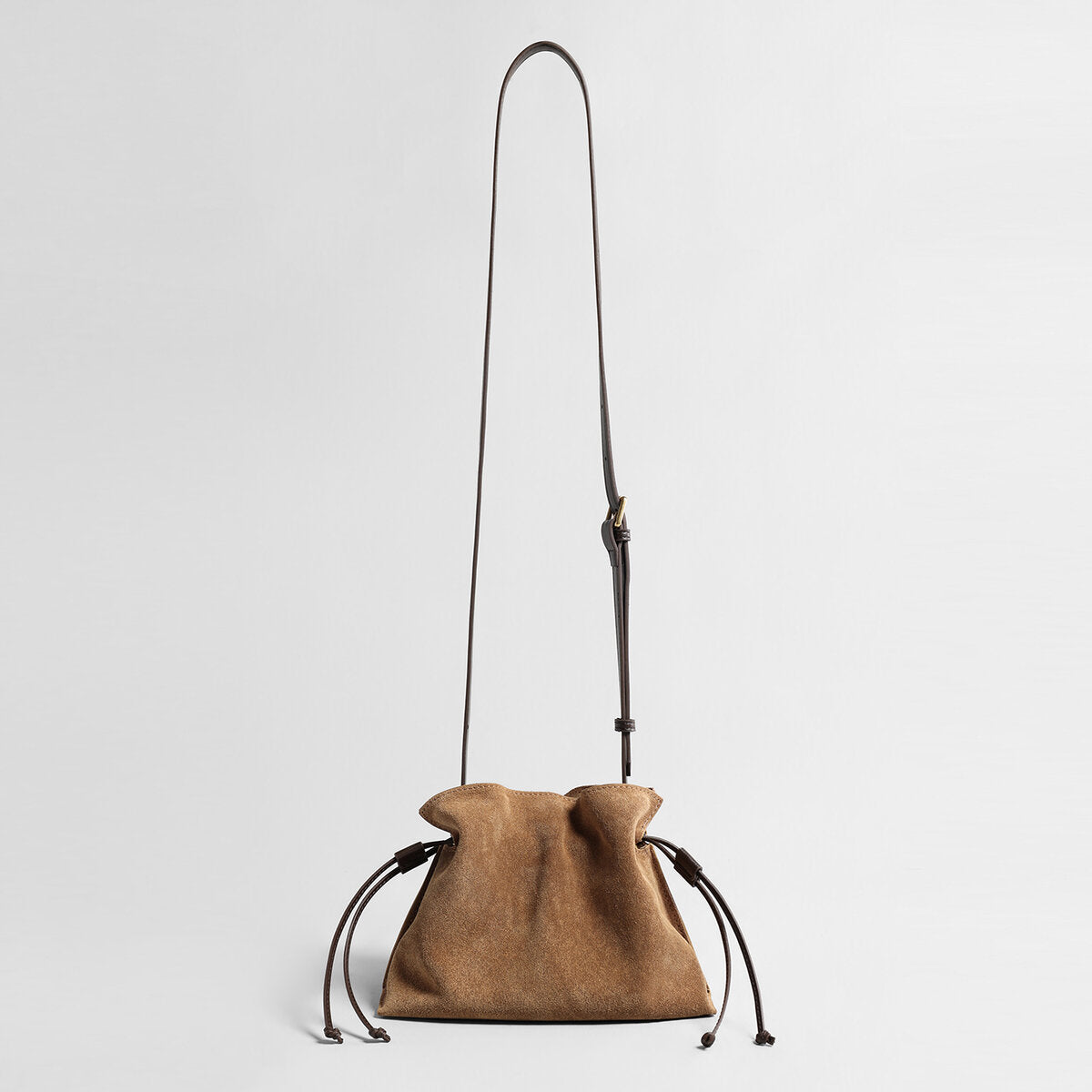 Suede Leather Fortune Pouch Bag – Ruched Drawstring with Top Handle & Crossbody Strap