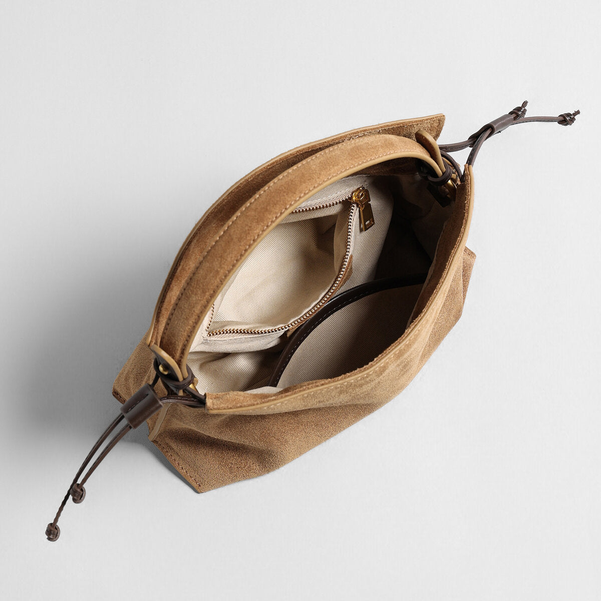 Suede Leather Fortune Pouch Bag – Ruched Drawstring with Top Handle & Crossbody Strap