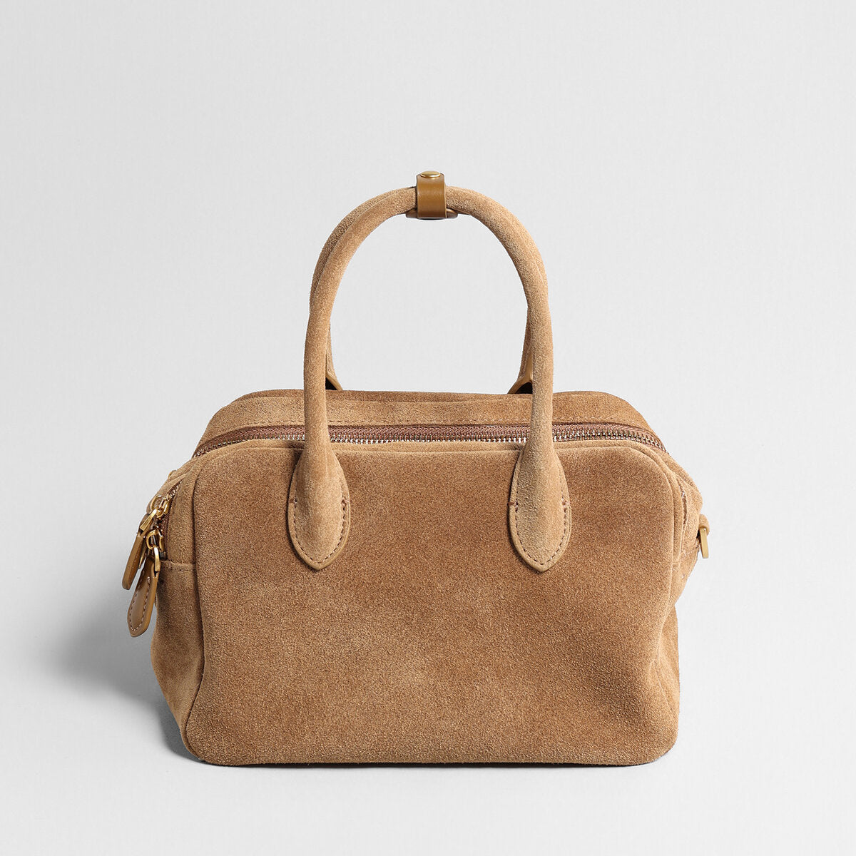 Suede Leather Bowling Bag – Structured Dual-Zip Satchel with Top Handles & Crossbody Strap