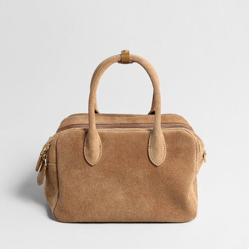Suede Leather Bowling Bag – Structured Dual-Zip Satchel with Top Handles & Crossbody Strap