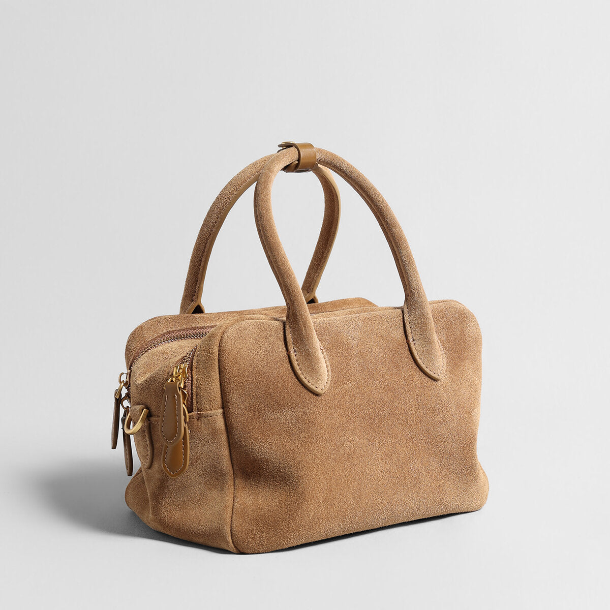 Suede Leather Bowling Bag – Structured Dual-Zip Satchel with Top Handles & Crossbody Strap