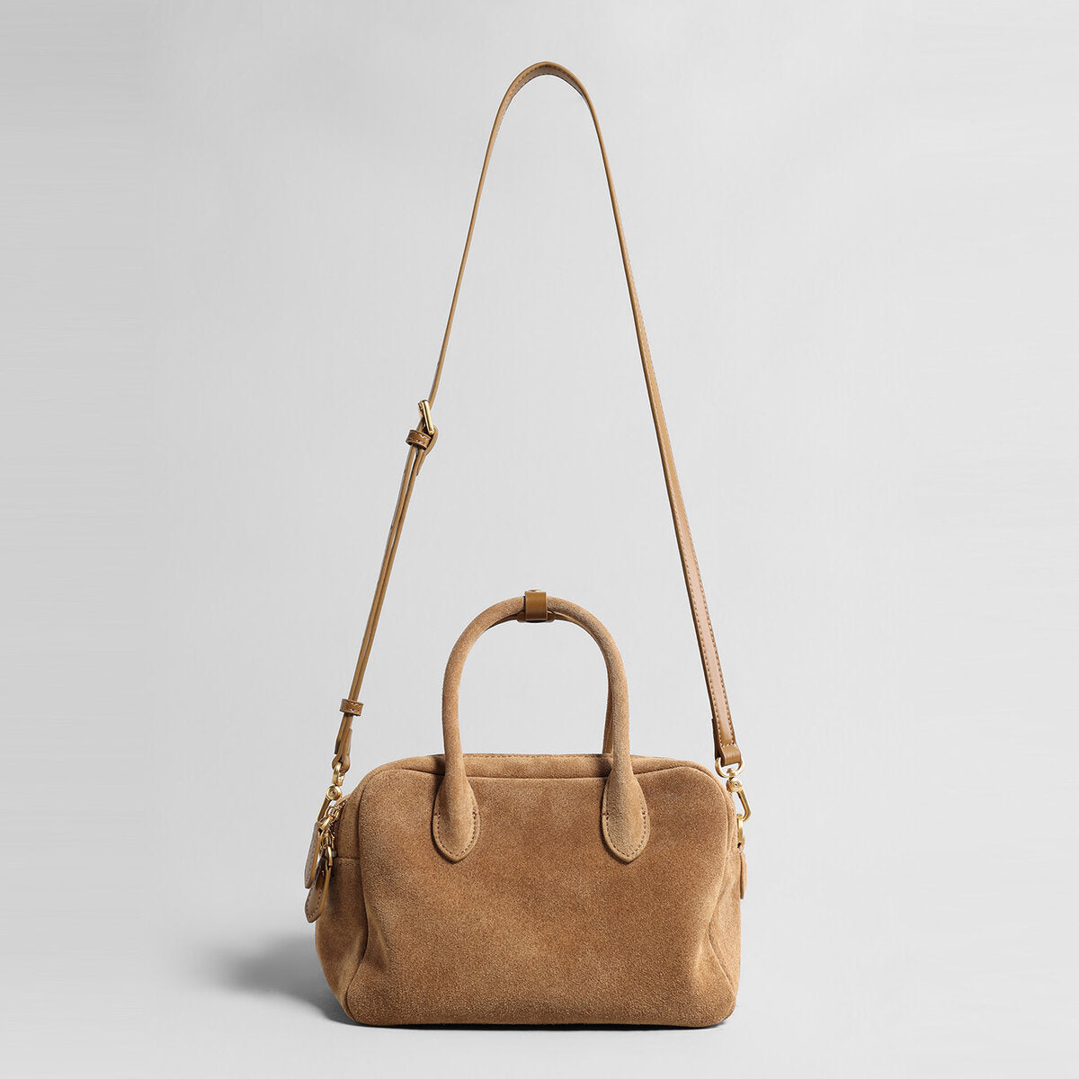 Suede Leather Bowling Bag – Structured Dual-Zip Satchel with Top Handles & Crossbody Strap