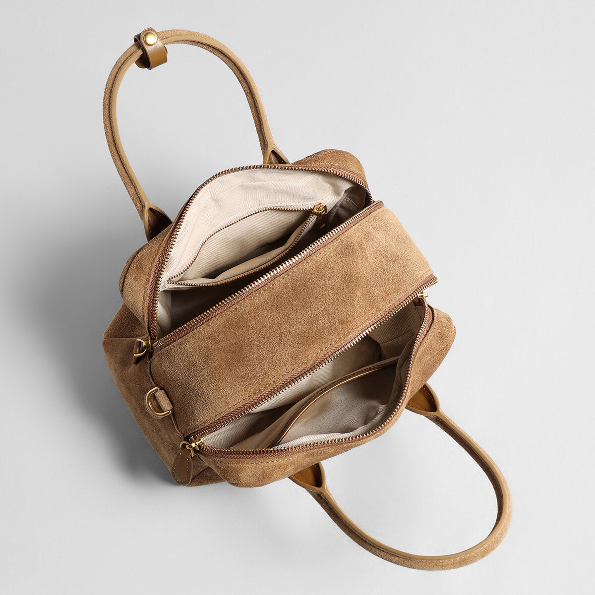 Suede Leather Bowling Bag – Structured Dual-Zip Satchel with Top Handles & Crossbody Strap