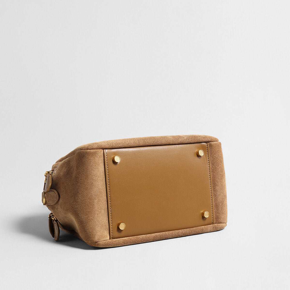 Suede Leather Bowling Bag – Structured Dual-Zip Satchel with Top Handles & Crossbody Strap