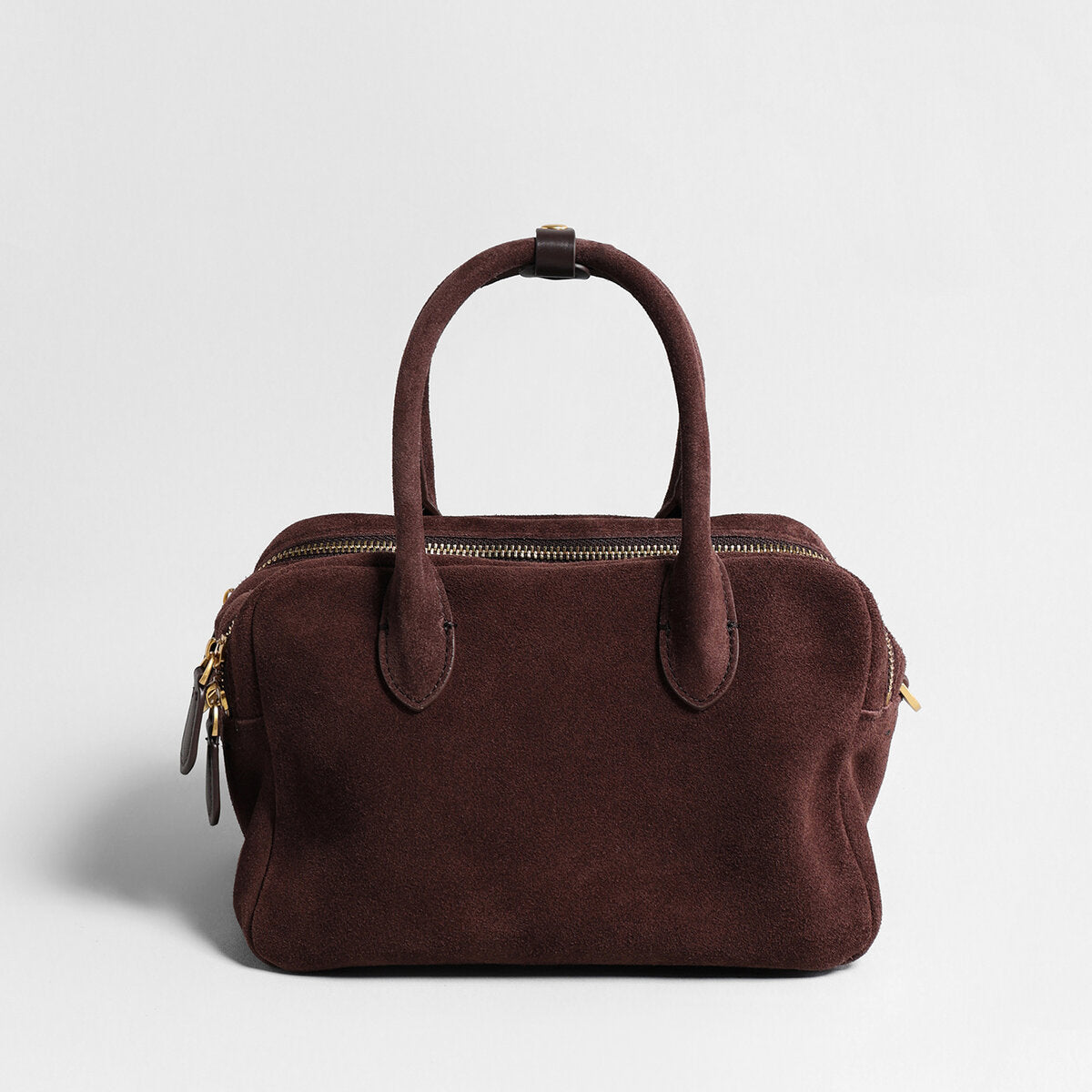 Suede Leather Bowling Bag – Structured Dual-Zip Satchel with Top Handles & Crossbody Strap