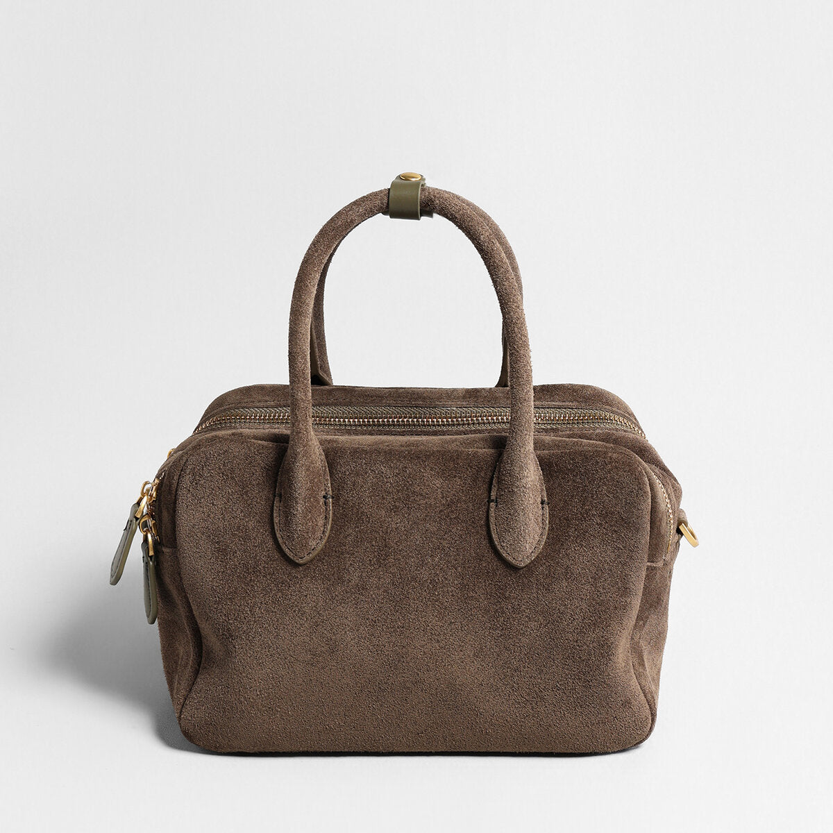 Suede Leather Bowling Bag – Structured Dual-Zip Satchel with Top Handles & Crossbody Strap