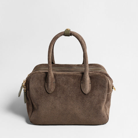 Suede Leather Bowling Bag – Structured Dual-Zip Satchel with Top Handles & Crossbody Strap
