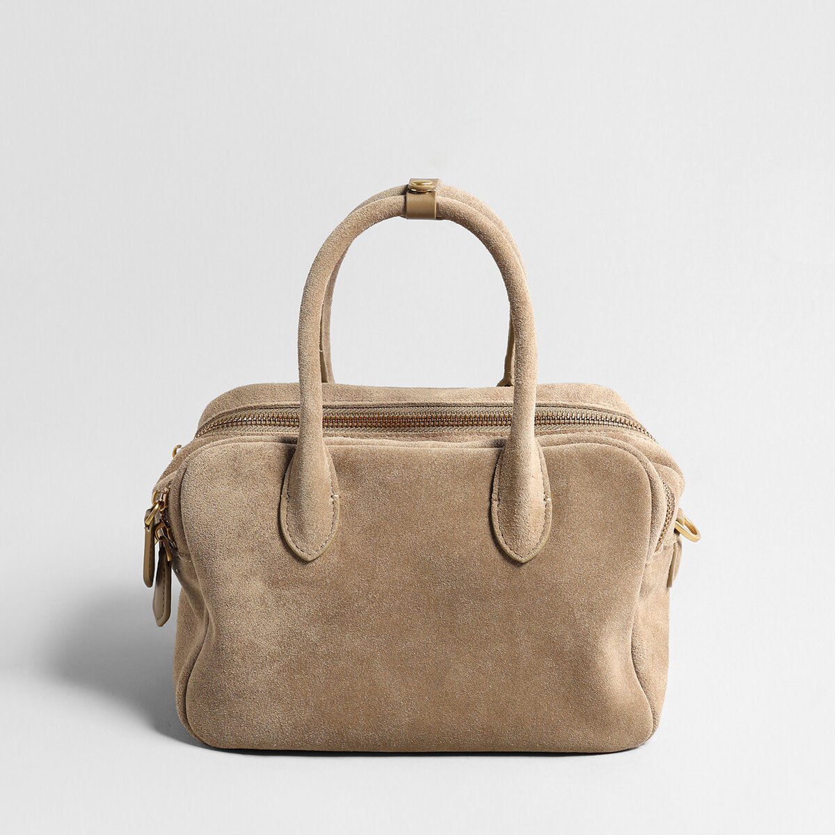 Suede Leather Bowling Bag – Structured Dual-Zip Satchel with Top Handles & Crossbody Strap