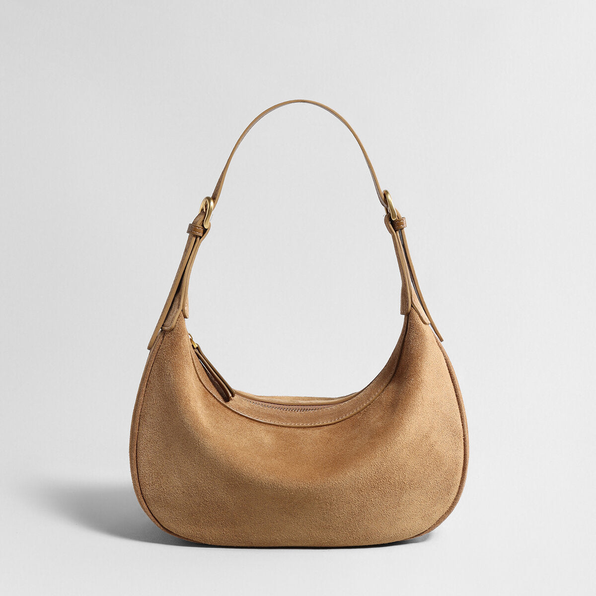 Suede Leather Crescent Hobo Bag – Dumpling-Inspired Silhouette with Adjustable Strap