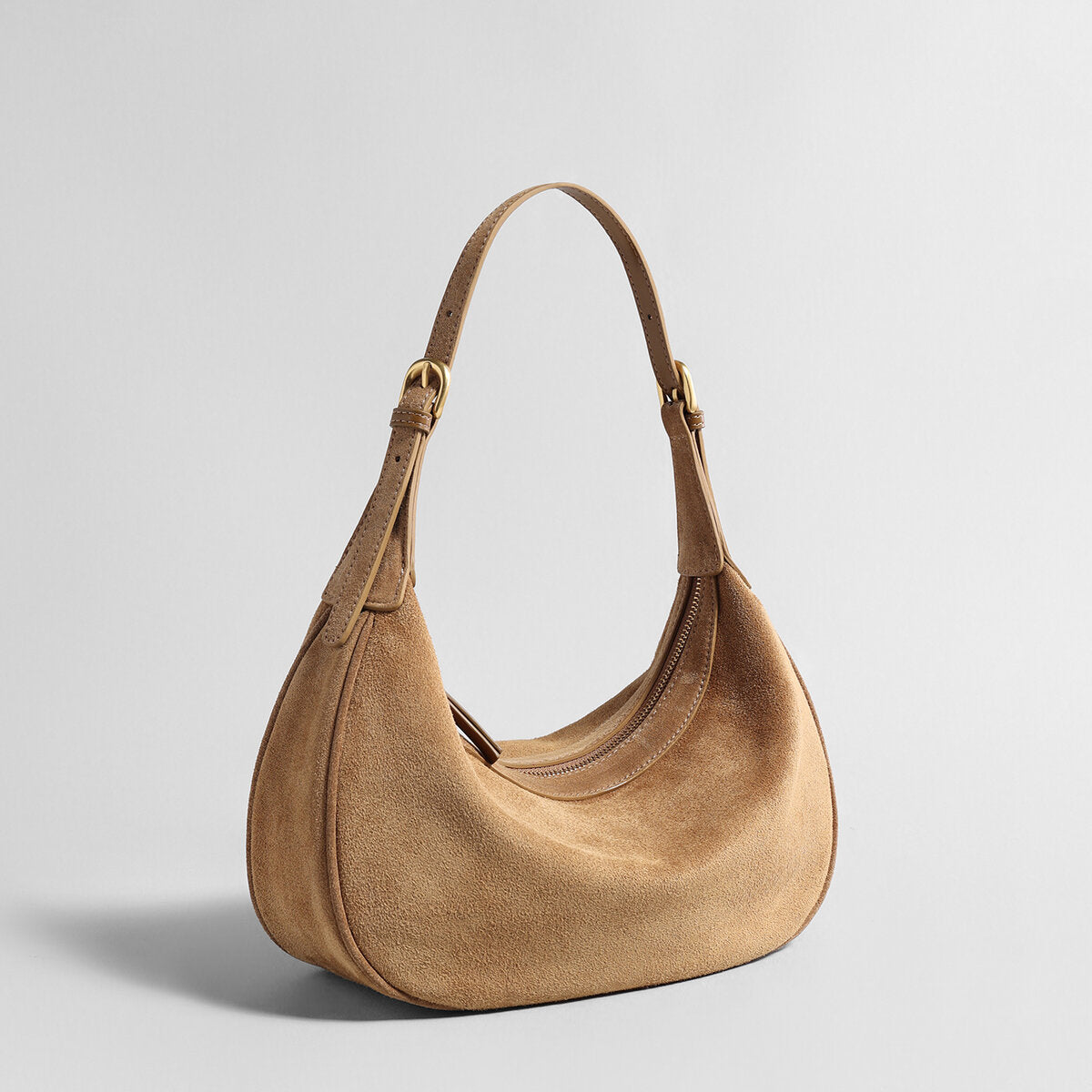 Suede Leather Crescent Hobo Bag – Dumpling-Inspired Silhouette with Adjustable Strap