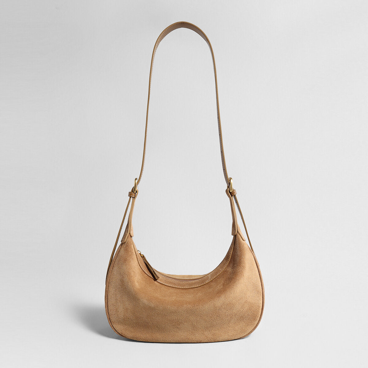 Suede Leather Crescent Hobo Bag – Dumpling-Inspired Silhouette with Adjustable Strap