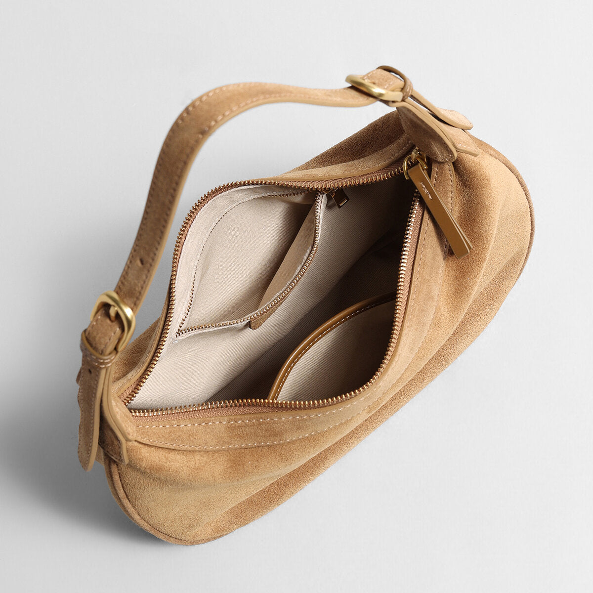 Suede Leather Crescent Hobo Bag – Dumpling-Inspired Silhouette with Adjustable Strap
