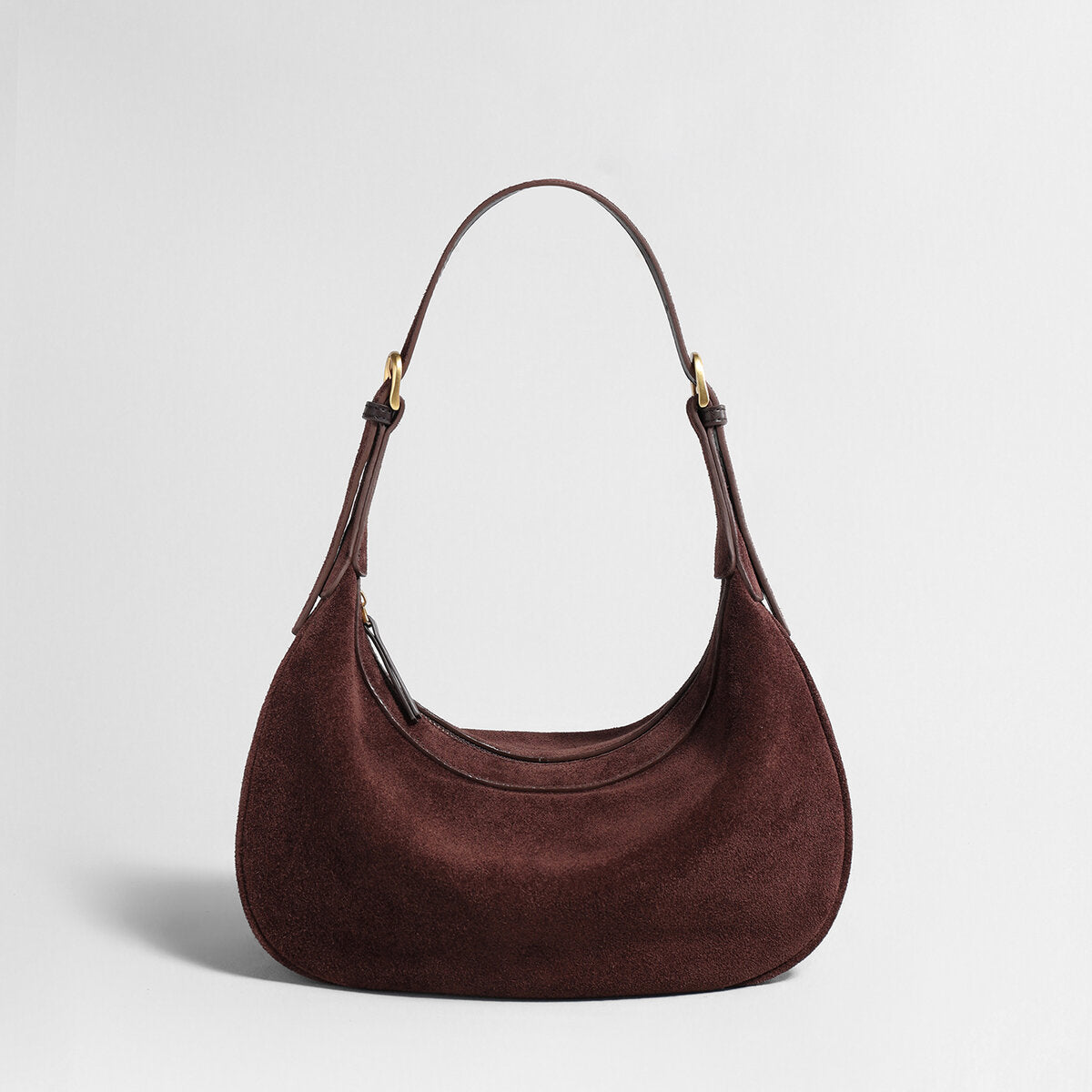 Suede Leather Crescent Hobo Bag – Dumpling-Inspired Silhouette with Adjustable Strap